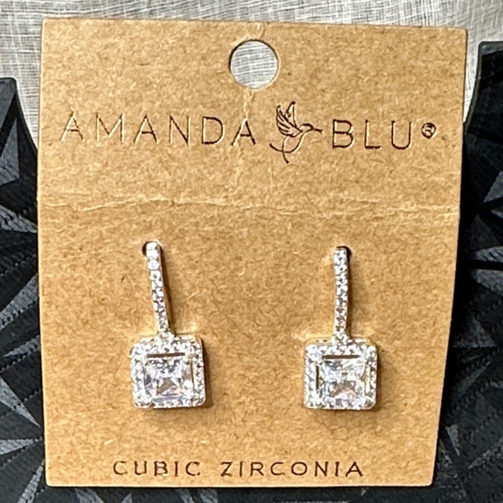 Amanda Blu Ice Blue Cubic Zirconia Stone Square Halo Drop Earrings NWT Gifts 1"